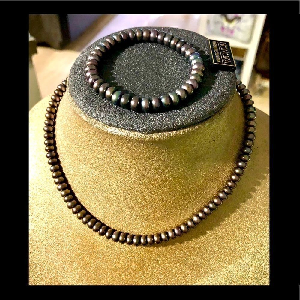 Honora blue/gray Pearl Necklace & Stretch Bracelet Set 925 Sterling silver